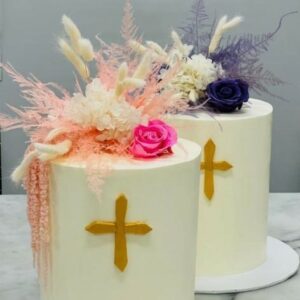 Custom decorated cake for baptism. Pink and purple dried flower decoration. Available at Brunetti Classico Carlton